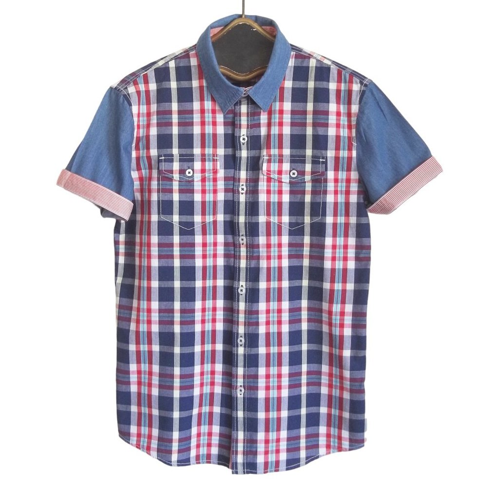 HENUS EDWIN 95 Plaid Chambray Sleeve Collar Button Down Front Cotton Shirt M NWT
